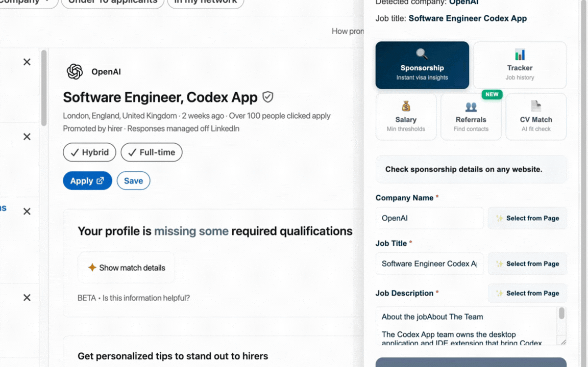 UK Visa Sponsorship Checker extension showing company sponsorship history on a job board